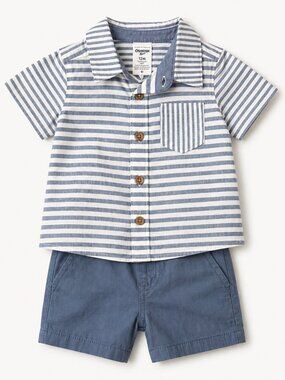 NWT OshKosh B’gosh Baby Boy Outfit 12M | Striped Button Shirt & Blue Shorts Set